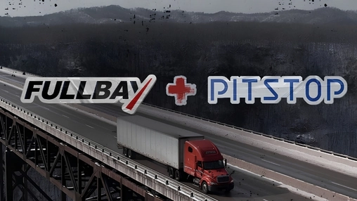 Fullbay and Pitstop partnership image with both brand logos over a red truck crossing a highway overpass