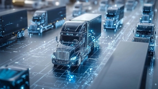 Fleet of semi trucks with glowing blue data visualisation overlays driving along a digitally mapped road